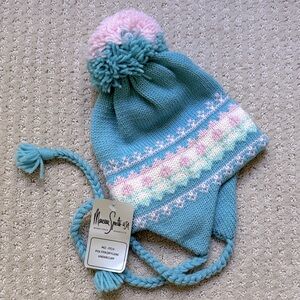 Vintage Marceau Sports 100% Wool Fair Isle Knit Earflap Pompom Beanie in Blue
